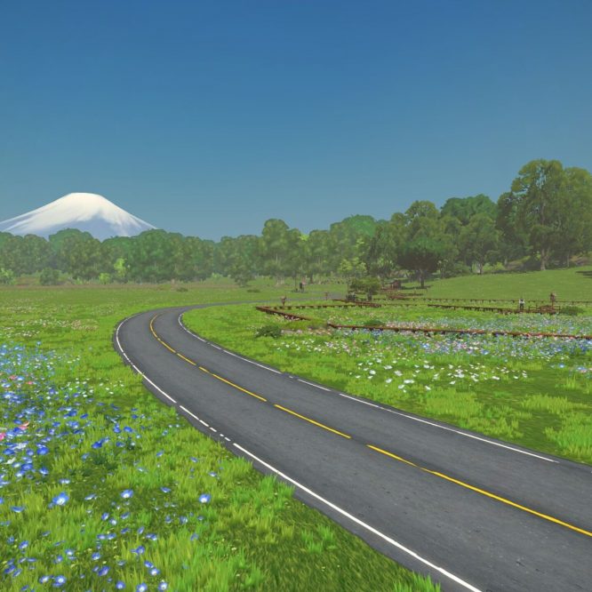Zwift screenshot - Mt Fuji and a field of flowers