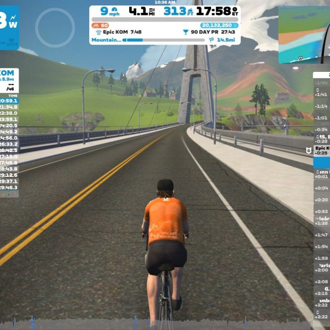 zwift screenshot with bridge in the background