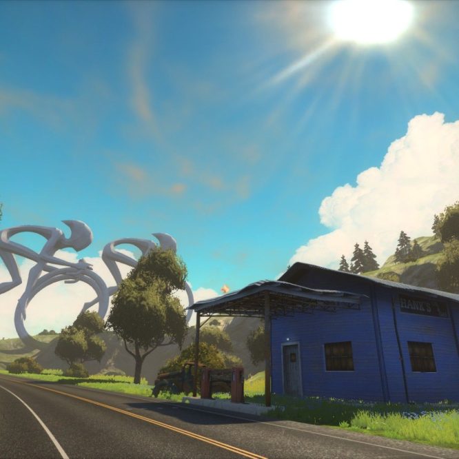 A scenic landscape featuring a blue building on the roadside, with green hills and trees surrounding it. In the background, abstract sculptures resembling large rings are visible against a bright blue sky with fluffy clouds. The sun is shining brightly in the sky.