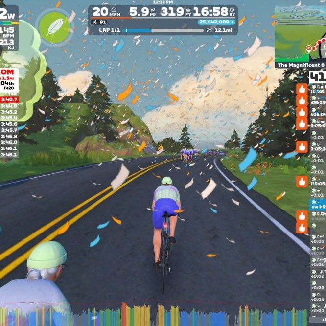 A screenshot from a virtual cycling game, Zwift, showing a race leaderboard and cycling statistics. In the foreground, two cyclists are pedaling down a scenic road surrounded by trees. The interface displays performance metrics, including power output, speed, distance, and a leaderboard for the event. Colorful confetti is scattered in the air, adding to the celebratory atmosphere.