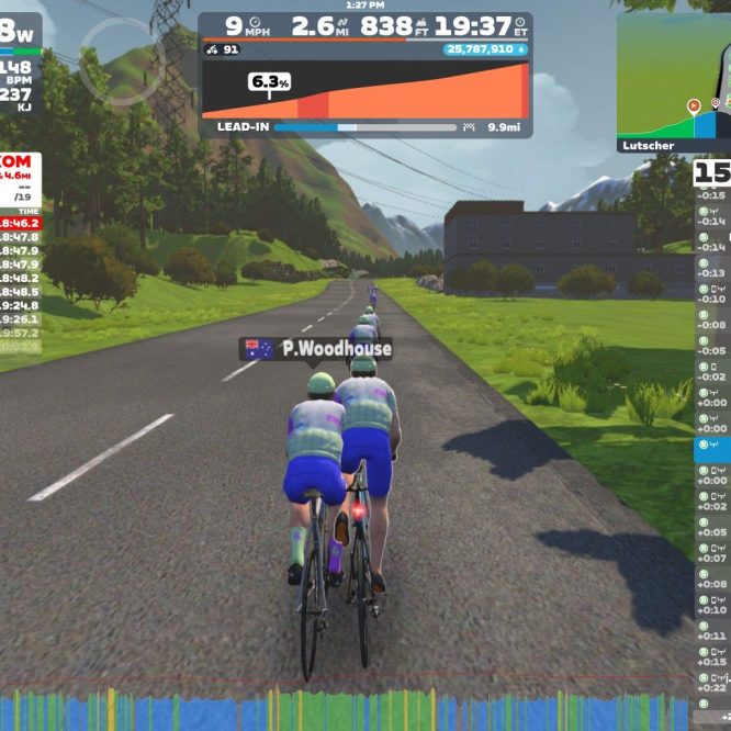 A group of cyclists participating in a virtual race on Zwift, riding on a scenic road surrounded by greenery. The screen displays race statistics, including pace, distance, and current rankings.