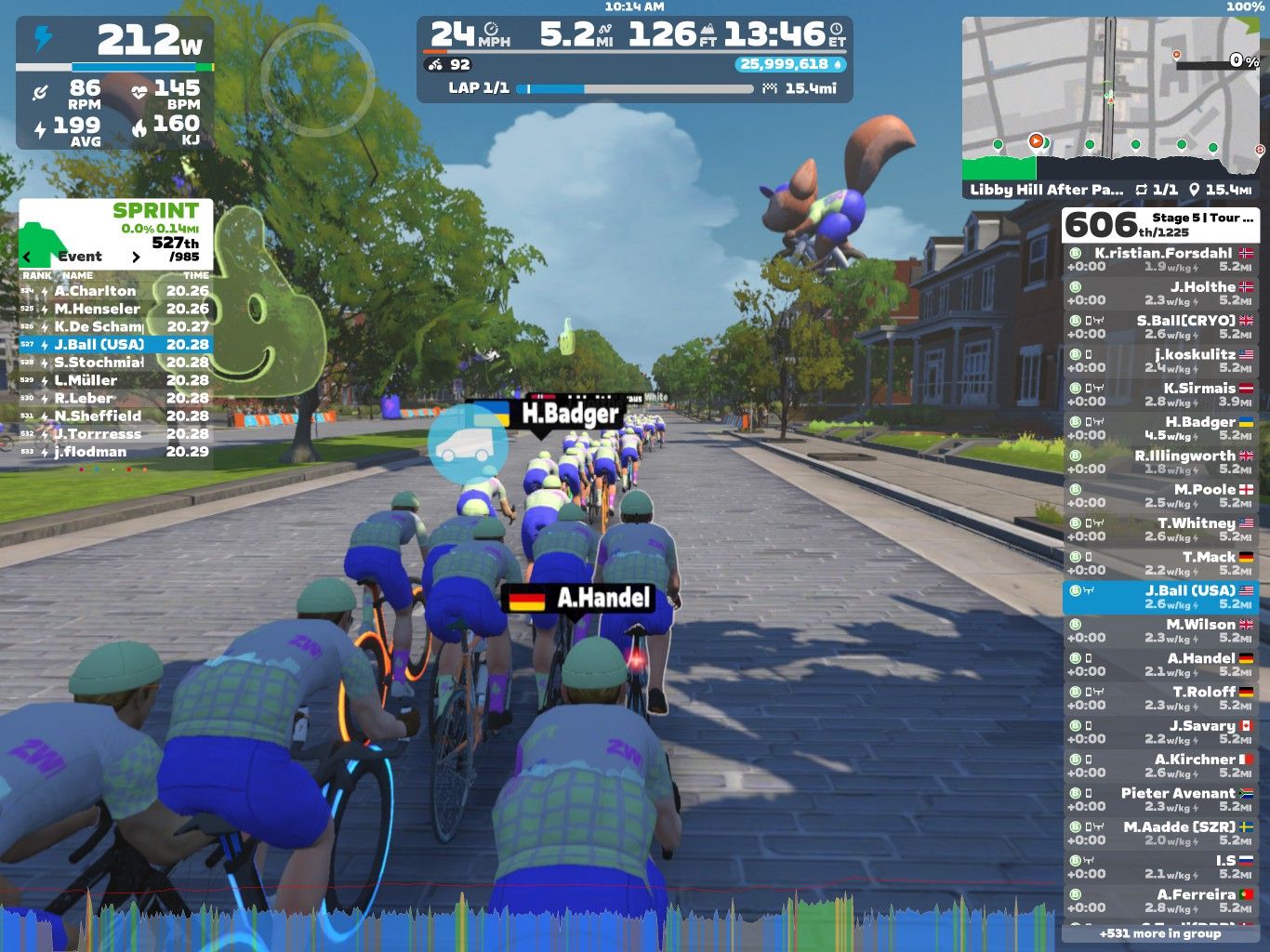 A group of cyclists riding together on a virtual street in Zwift, featuring colorful avatars with a leaderboard displaying their rankings and stats. The scene includes trees lining the street and a large animated character in the background, set against a blue sky. The cyclists are wearing matching gear with the Zwift logo.