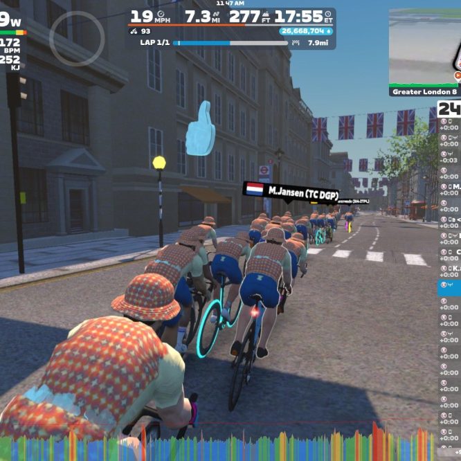 A group of cyclists is riding in a virtual race environment, showcasing a street scene with buildings and UK flags. The cyclists are wearing brightly patterned outfits, and the screen displays various performance metrics and participant names on the side.