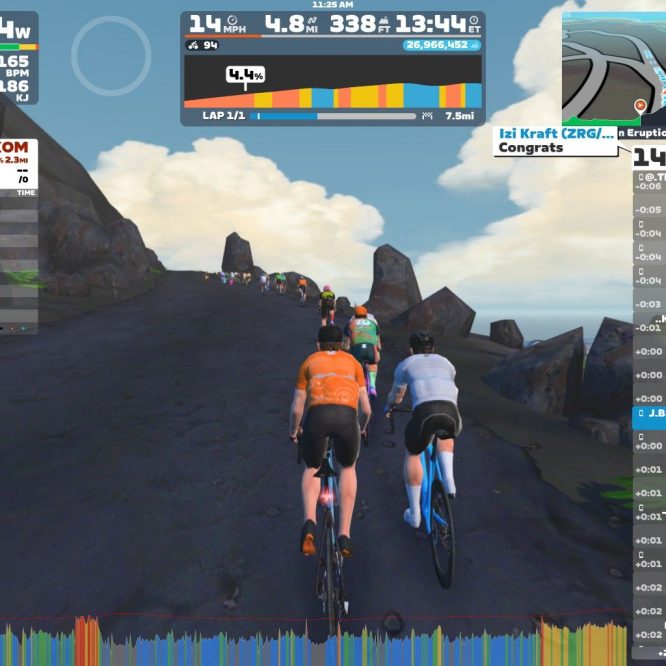 A group of virtual cyclists riding up a steep, rocky road in a digital landscape called Zwift. The cyclists are displaying various stats on the screen, including speed, power output, and lap information. The setting shows a blue sky with clouds and a detailed course map in the corner.
