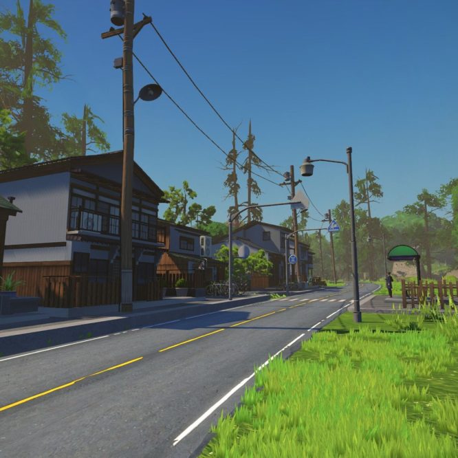 A scenic view of a virtual street in Zwift, featuring modern buildings with traditional architecture, greenery, and a clear blue sky. A person stands outside one of the buildings next to a dog. There are utility poles, streetlights, and a bus stop nearby, with a well-maintained road and grass on the sides.