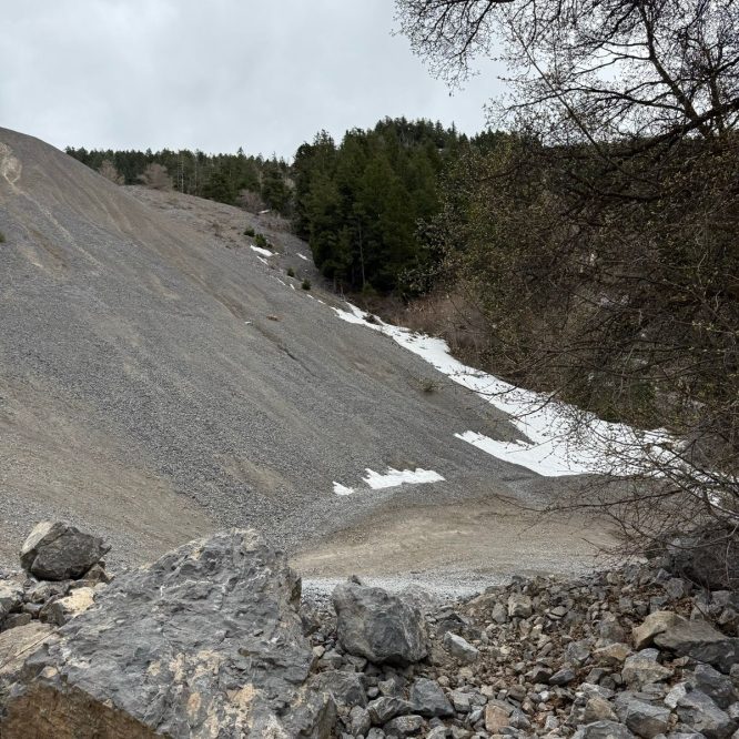 A rocky slope leading up to a forest of evergreen trees under a cloudy sky, with patches of snow visible on the ground at Providence Canyon, Utah. Large rocks are in the foreground.