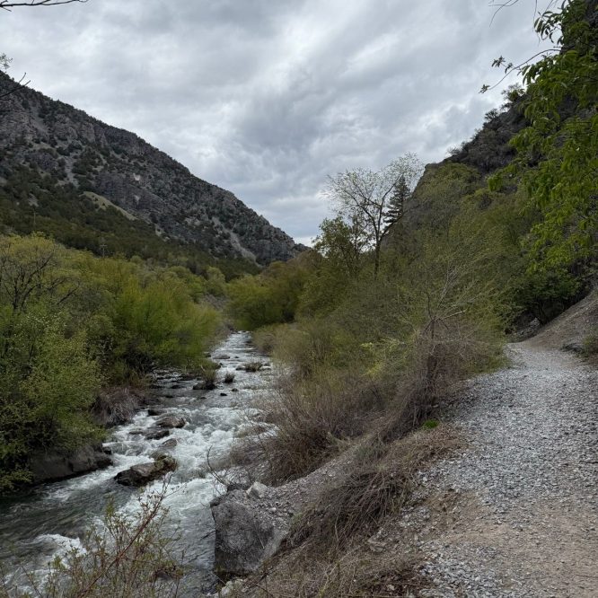 A gravel path runs alongside a flowing river surrounded by green trees and rocky mountains under a cloudy sky in Paradise, Utah.