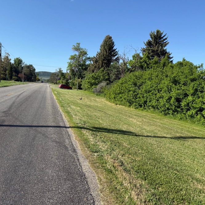 A scenic view of a quiet road in Nibley, Utah, with green grass and shrubs lining the side. A red car is parked on the right, and there are a few trees in the background under a clear blue sky.
