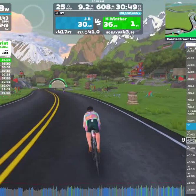 A cyclist wearing a colorful jersey rides on a virtual road in a picturesque landscape within the Zwift game. The scene features mountains in the background, green hills, and a small village. On-screen data displays the cyclist's speed, power output, and live results for a sprint event.