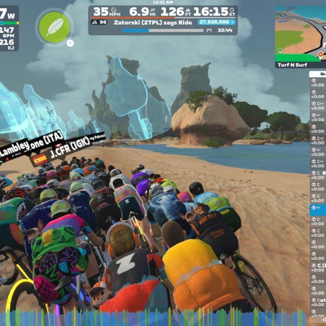 A group of cyclists participating in a virtual ride on Zwift, riding along a scenic beach pathway. The image displays various cycling statistics, including power output, cadence, and heart rate. Several colorful jerseys are visible on the riders, and digital thumbs-up icons are shown in the background. The map indicates the location "Turf N Surf," with a nearby leaderboard on the right.