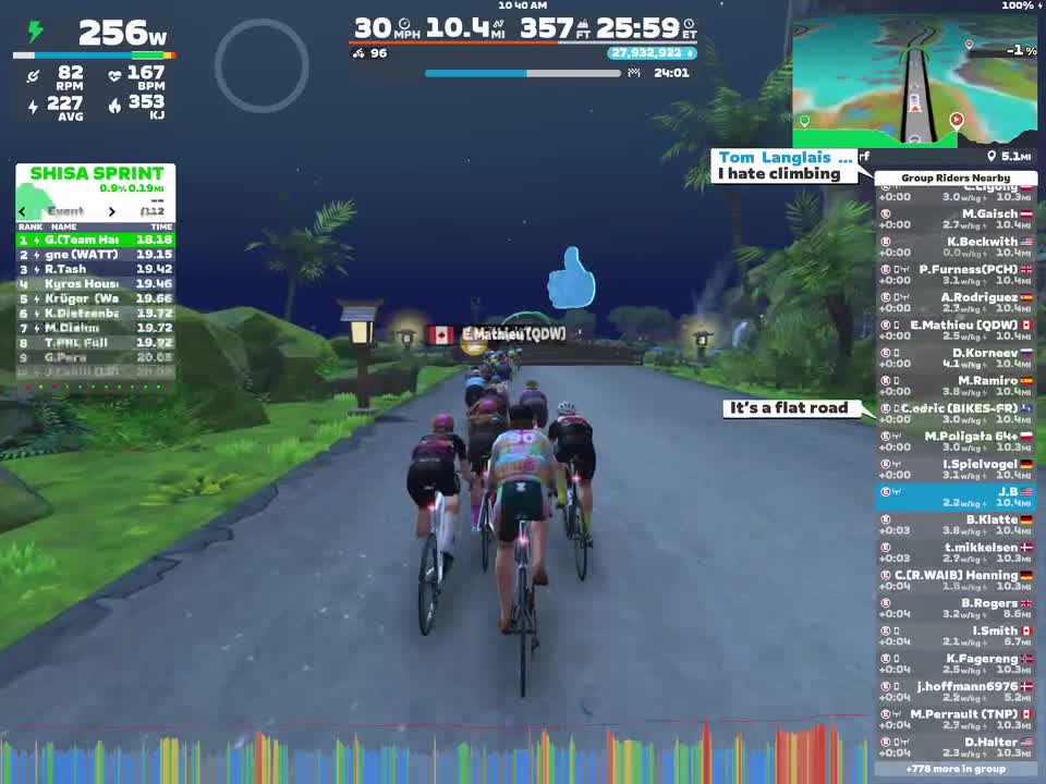 A group of virtual cyclists rides together on a road in Zwift, surrounded by lush greenery and night-time scenery. The display shows cycling stats, including power output, cadence, and heart rate, along with a leaderboard of participants. A mini-map in the corner indicates the route. The atmosphere is dynamic, with messages from riders visible on the screen.