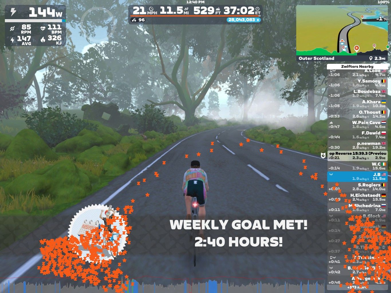 A cyclist rides on a virtual road in Zwift's Outer Scotland setting, surrounded by lush green trees and fog. On the screen, performance metrics and a leaderboard are displayed, along with a message indicating that the weekly cycling goal has been met in 2 hours and 40 minutes.