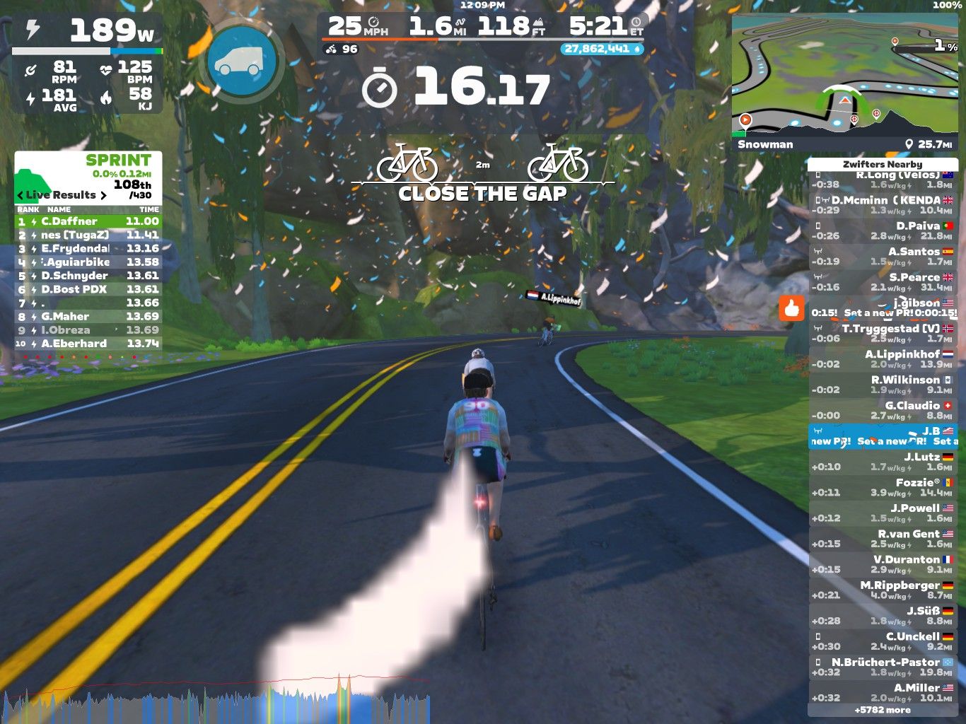 An animated cyclist rides along a winding road in a virtual landscape filled with greenery and colorful confetti. The display on the screen shows the cyclist's speed, distance, and performance stats, along with a list of nearby riders and their rankings in a race. The scene conveys a dynamic and competitive atmosphere typical of a cycling simulation game.