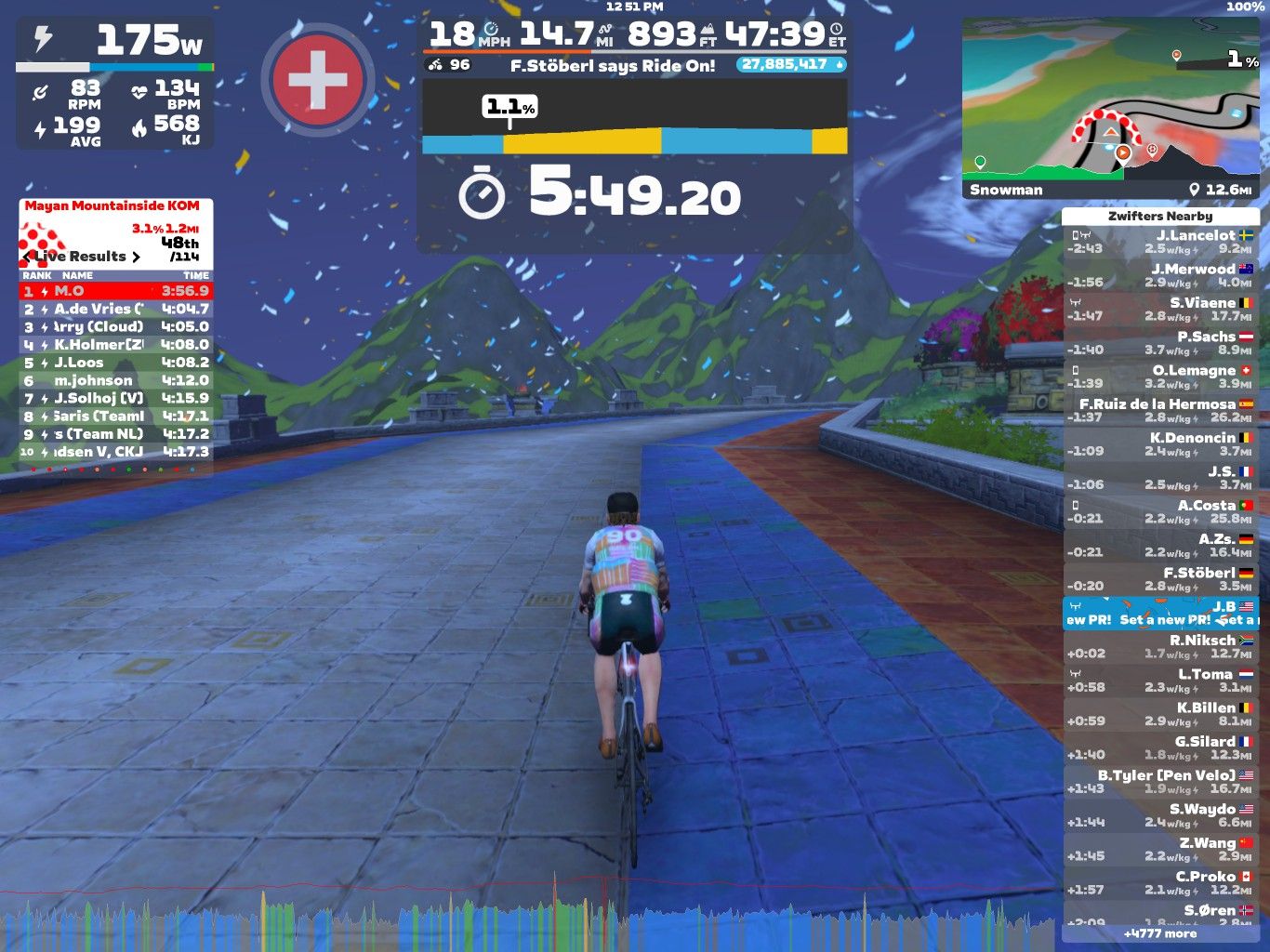 A cyclist is riding in a virtual environment on Zwift, navigating a scenic route with mountains and trees in the background. The screen displays various performance metrics, including power output, heart rate, and rankings of nearby riders. The cyclist is focused on a timer showing their progress in minutes and seconds.