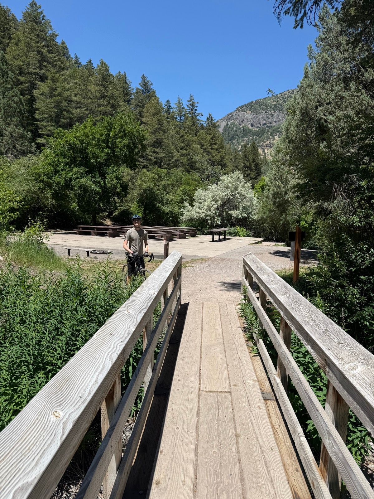 A wooden bridge leads into a wooded area, with a person standing on the bridge. In the background, there are picnic tables and a mountain. The scene is set in a clear blue sky with green trees around.