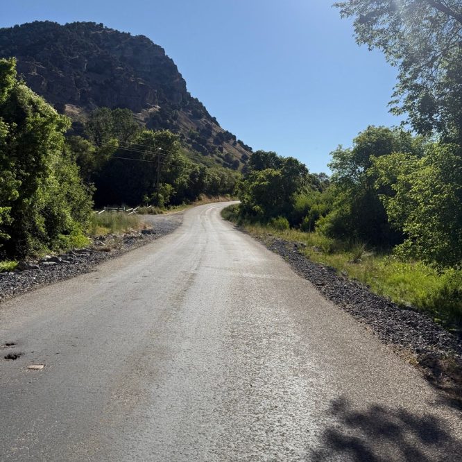 A winding road in Nibley, Utah, surrounded by lush greenery and a rocky hillside under a clear blue sky.