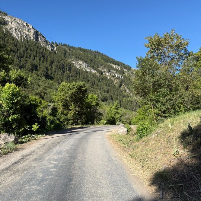 A winding gravel road curves through a lush green landscape with trees and rocky hills under a clear blue sky in Nibley, Utah.