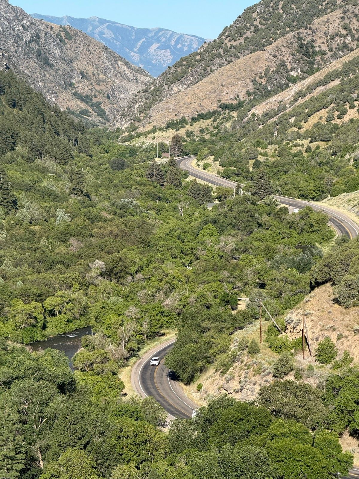 A winding road curves through a lush green valley surrounded by mountains in Providence, Utah. A white vehicle is seen driving along the road, with trees and a river visible alongside. The scene showcases the natural beauty of the area under a clear blue sky.