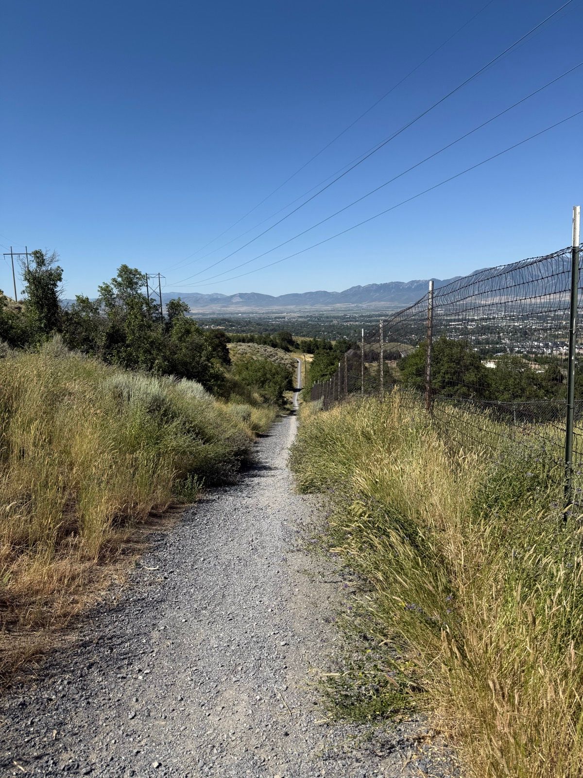 A gravel path leads downhill through tall grass and shrubs, with power lines running alongside. In the background, the mountains are visible under a clear blue sky in Paradise, Utah.