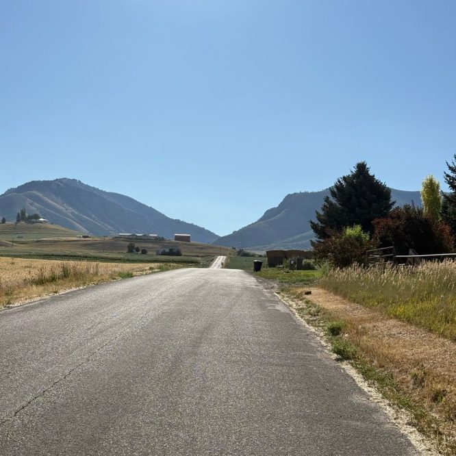 A clear view of a paved road in Nibley, Utah, flanked by tall grass and a few trees, with rolling hills and mountains in the background under a bright blue sky.