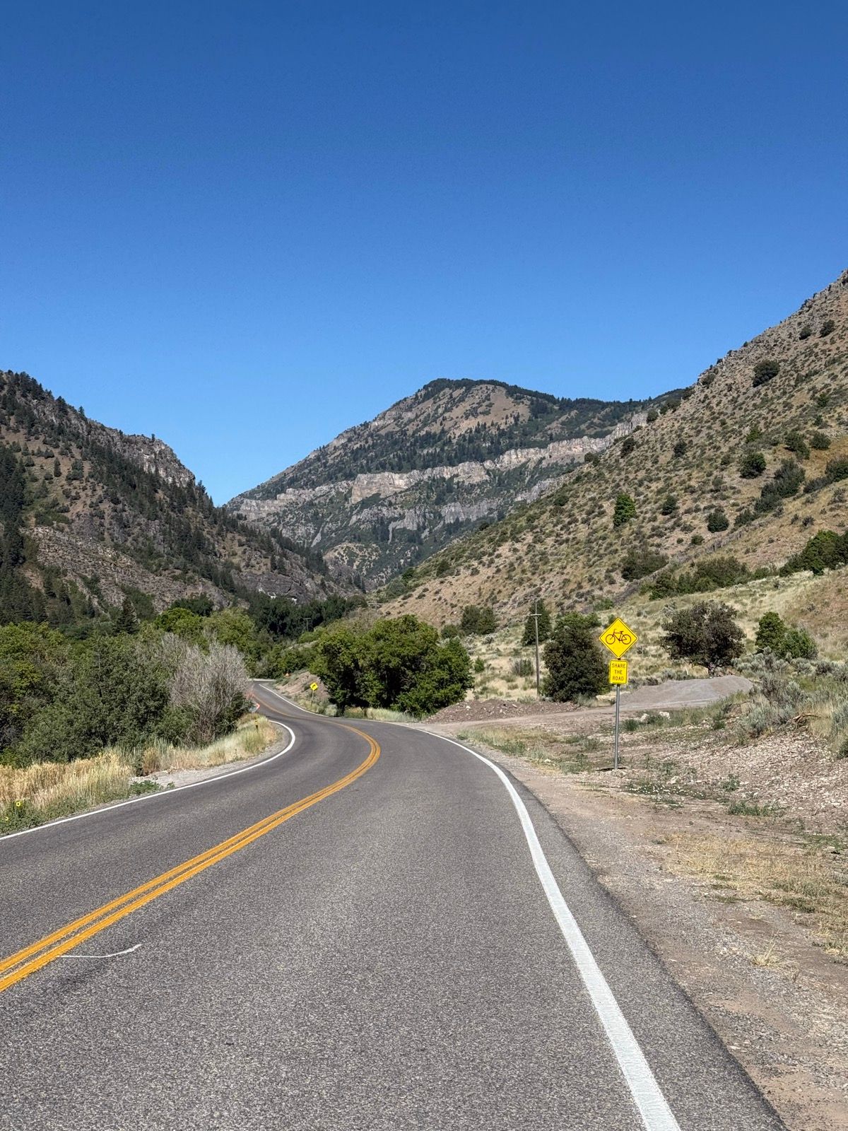 A winding road curves through a mountainous landscape in Nibley, Utah. Lush green vegetation and trees line the road, while rocky hills rise in the background under a clear blue sky. A bicycle warning sign is visible on the side of the road.