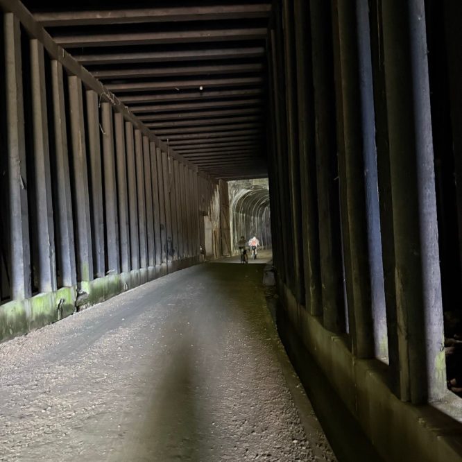 A dimly lit tunnel with wooden beams lining the walls. A dirt path runs through the center, and a few people can be seen walking in the distance. Moss can also be spotted on the lower sections of the walls.