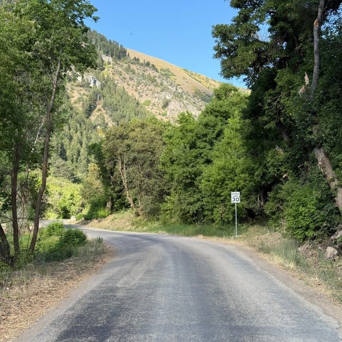 A winding road lined with trees, leading towards a hillside in Nibley, Utah. A speed limit sign indicating 30 mph is visible along the roadside, and the sky is clear with a few clouds.