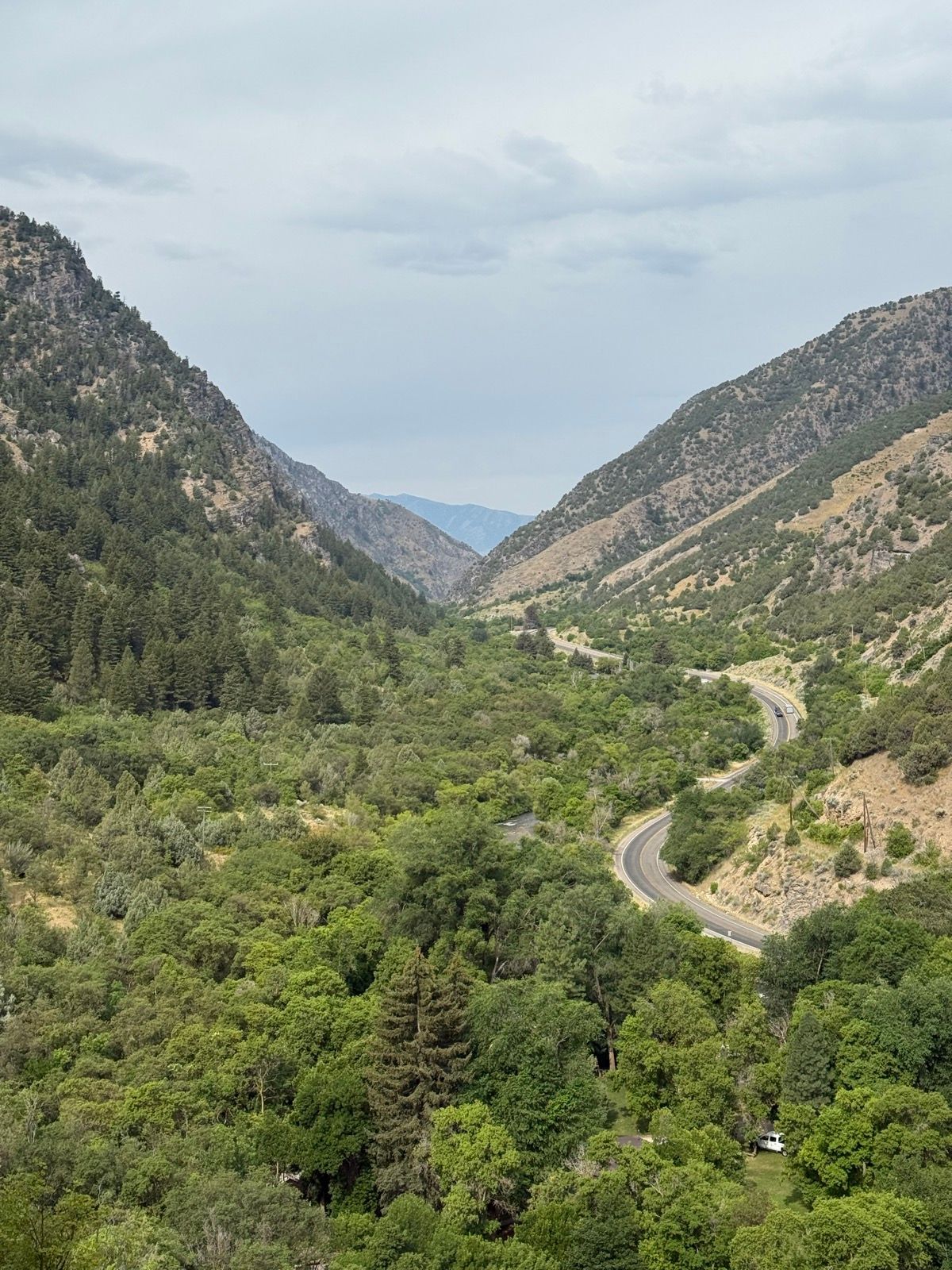 A scenic view of a winding road through a lush green valley surrounded by mountains in Paradise, Utah. The sky is partly cloudy, and the landscape features dense trees and a mixture of mountain terrain.