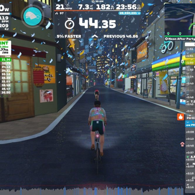 This photo shows a virtual cycling scene in Zwift, featuring a cyclist on a digital street lined with shops and festive decorations. On the left side, there are race results showing the ranks and times of participants. The screen also displays various stats like power output, speed, and heart rate for the cyclist.