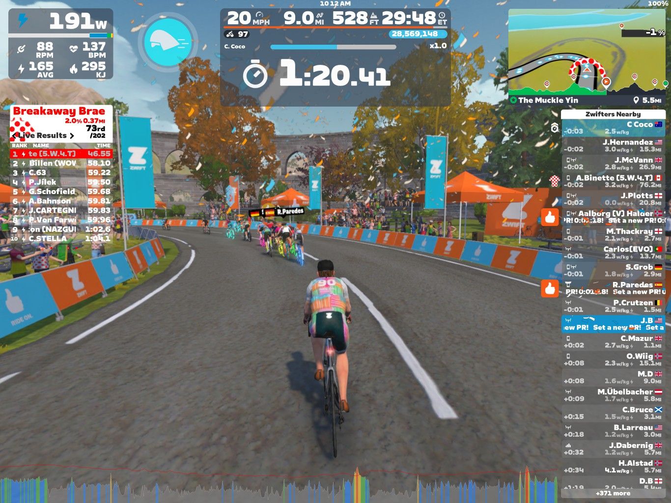 A cyclist is riding on a virtual racing track in Zwift, surrounded by other riders. The scene includes a digital display showing current performance metrics, race results, and a map of the course. Trees with autumn leaves and cheering spectators are visible along the route.