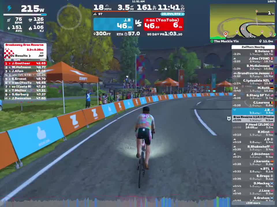 A cyclist rides on a virtual course in Zwift, displaying data such as power output (21.5W), heart rate (126 BPM), and speed. The screen shows the rider's stats, including their rank and position in the race, along with nearby competitors and their distances. Decorative orange tents and spectators are visible along the course.