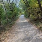 A gravel path winds through a tree-filled area in Paradise, Utah, surrounded by greenery and scattered autumn leaves. The scene captures a peaceful outdoor setting with trees on either side and a clear sky above.