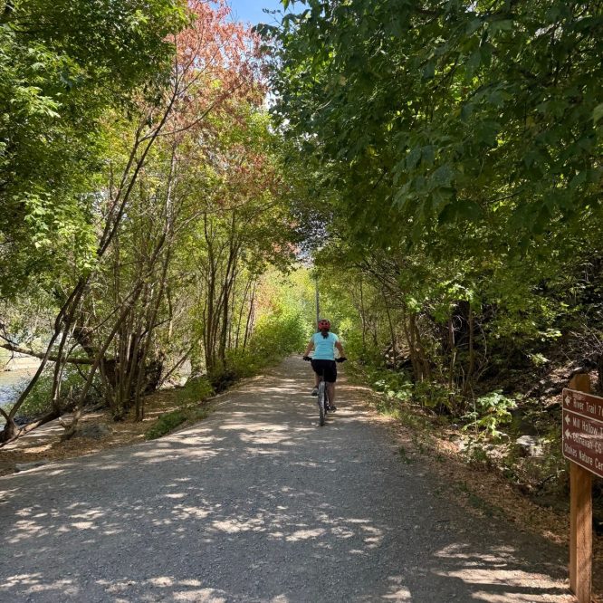 A person riding a bike on a gravel path surrounded by trees in Logan, UT. A sign indicating the direction of a trail is visible on the right side of the photo. The scene is bright and sunny, with green foliage and a clear blue sky.