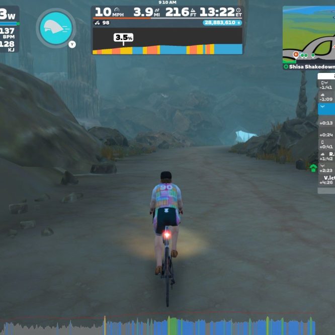 A cyclist rides on a virtual path in Zwift, surrounded by rocky terrain and a misty atmosphere. The screen displays performance metrics, including speed (10 mph), distance (3.9 miles), and elevation (216 ft), along with nearby cyclists' details on the side.