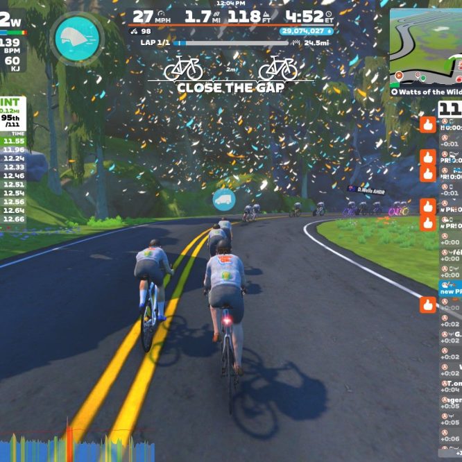 A group of cyclists is riding on a virtual road in Zwift, surrounded by trees and colorful confetti. The screen displays performance stats, including power output and lap information, while a leaderboard shows current rankings and times for participants.