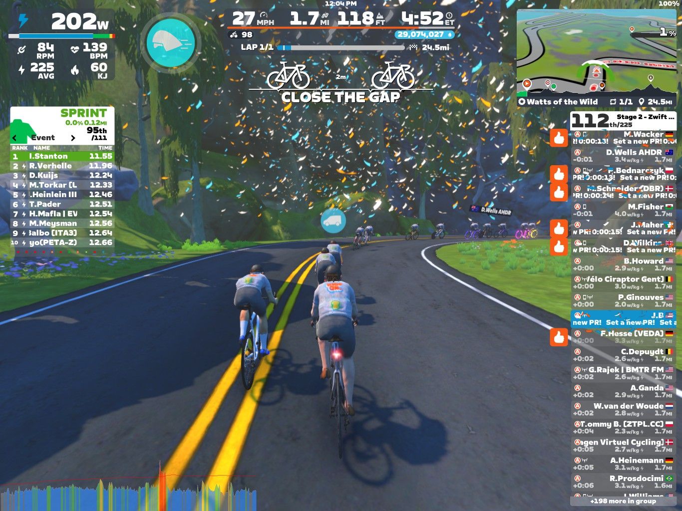 A group of cyclists is riding on a virtual road in Zwift, surrounded by trees and colorful confetti. The screen displays performance stats, including power output and lap information, while a leaderboard shows current rankings and times for participants.