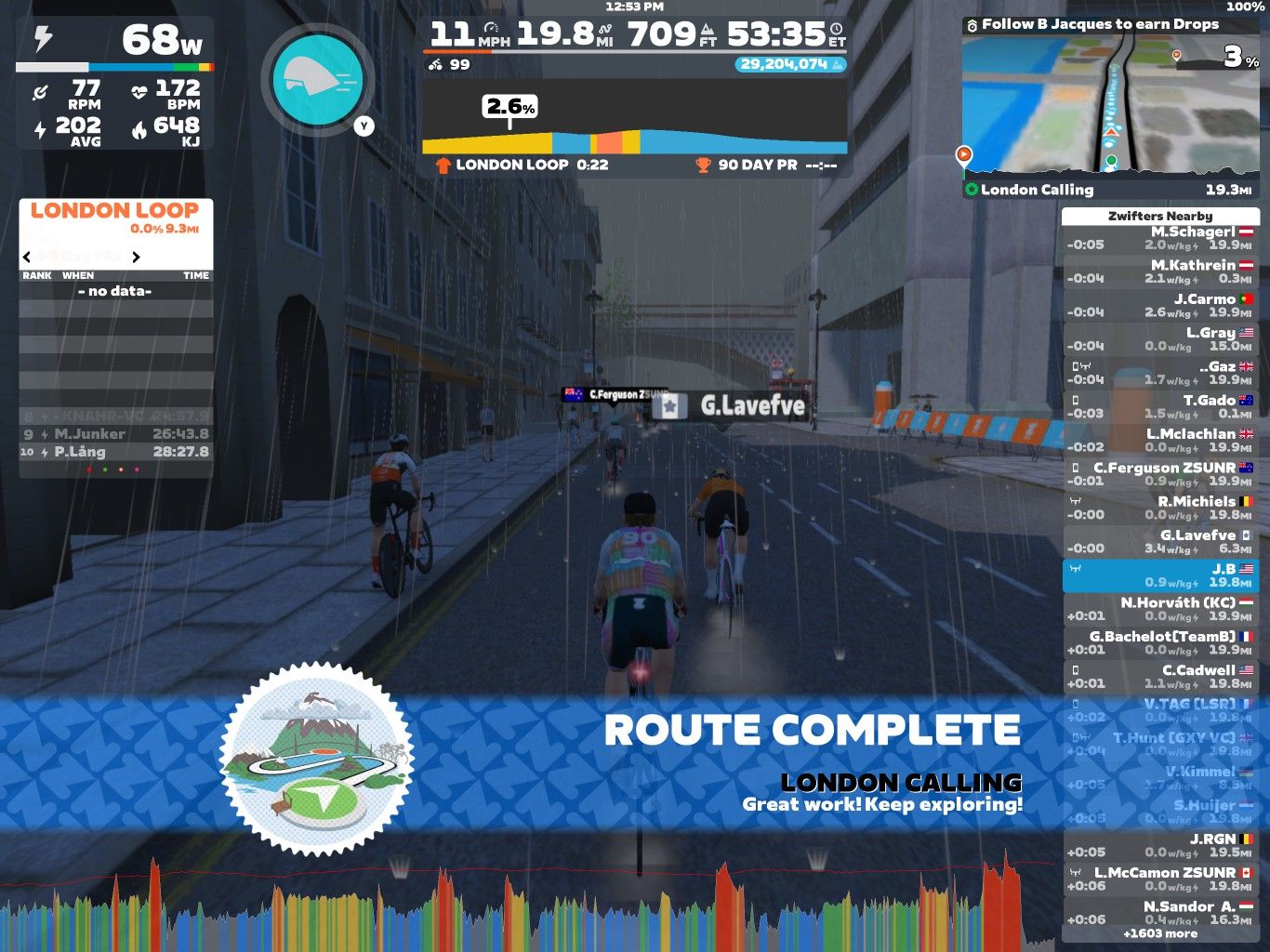 A screenshot from the Zwift cycling platform displaying the 