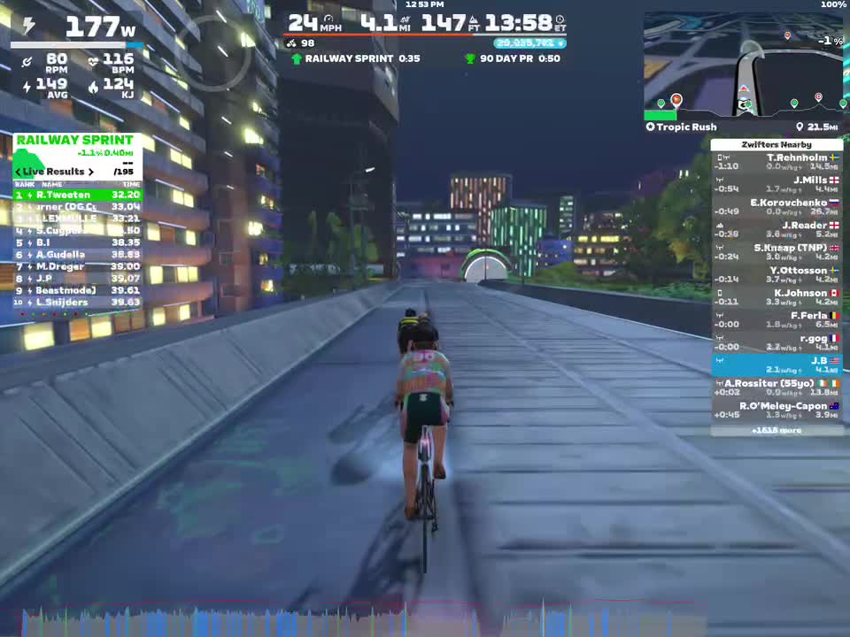 A cyclist participates in a virtual race on Zwift, riding on a modern-looking road with tall buildings illuminated at night. The screen displays metrics such as power output, speed, and race rankings alongside a map and nearby competitors.