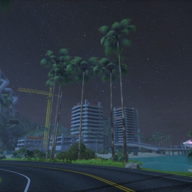 A nighttime scene in Zwift featuring a large bicycle sculpture, palm trees, and a brightly lit Ferris wheel. In the background, there are modern buildings under construction, along with a starry sky. The road curves through the landscape.