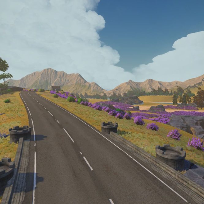 A scenic digital landscape featuring a winding road alongside a field of purple flowers. In the background, mountains rise under a partly cloudy sky, with patches of greenery and rocky formations along the roadside.