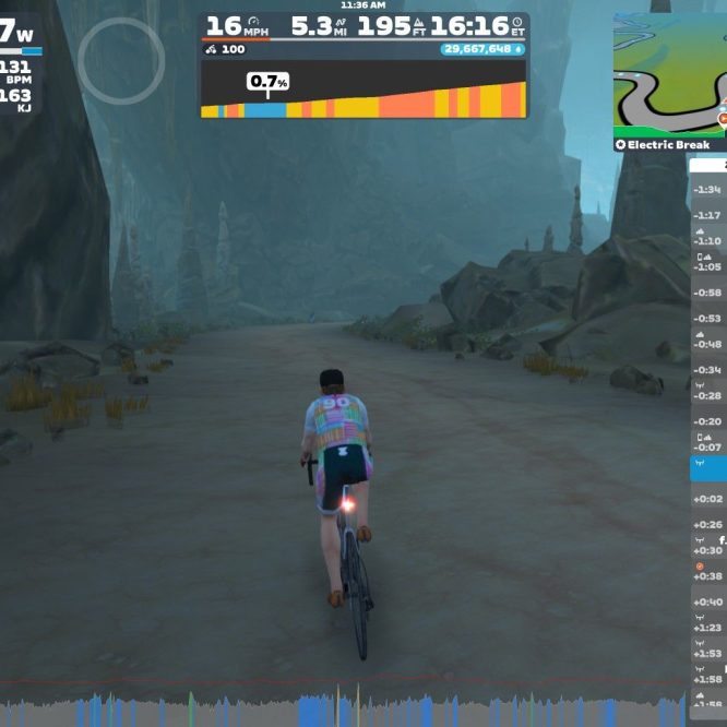 A cyclist is riding on a virtual path in a Zwift environment, surrounded by rocky cliffs and a misty atmosphere. The screen displays cycling statistics including power output, speed, distance, and heart rate, along with a map showing the course and nearby riders.