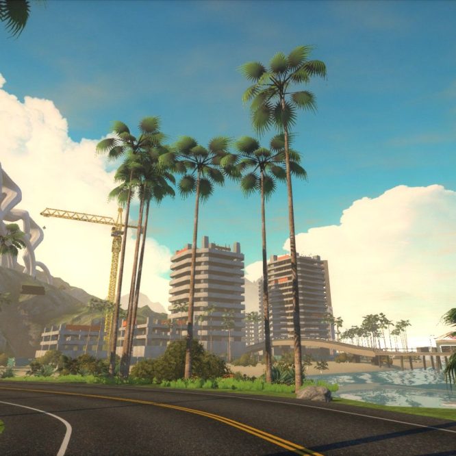 A scenic view in Zwift featuring a winding road lined with palm trees. In the background, there's a large sculpture of a cyclist, under construction buildings, and a colorful Ferris wheel beside a body of water. The sky is bright with fluffy clouds.