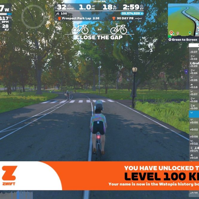 A cyclist is riding on a virtual road in Zwift, with trees lining the path and a scoreboard displaying various metrics such as speed, power, and heart rate. The overlay indicates that the user has unlocked the "Level 100 Kit." The interface shows nearby cyclists and their statistics.