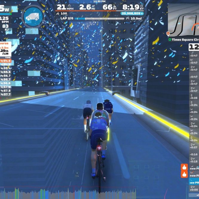 A screenshot from Zwift showing a virtual cycling event on the Times Square Reverse circuit. The display includes participant rankings, lap times, and current statistics like power output and speed. The background features a stylized cityscape with motion effects.