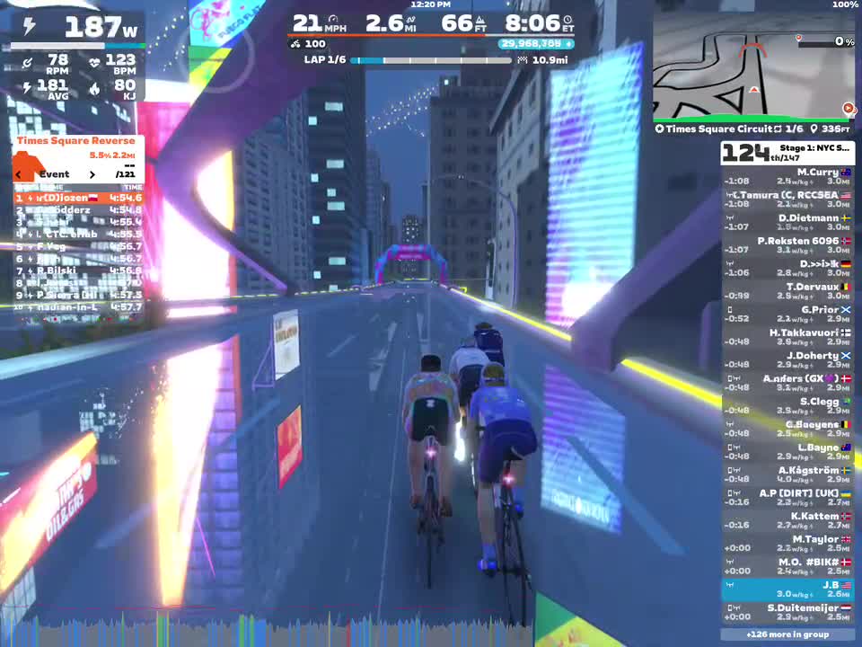 A digital cycling scene on Zwift showing three cyclists riding on a futuristic, brightly lit road in an urban environment resembling Times Square. The screen displays various statistics including power output, speed, and lap information, along with a leaderboard of participants.