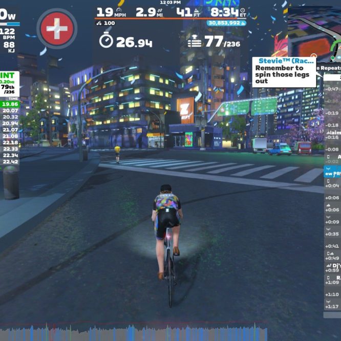 A cyclist rides through a virtual cityscape in Zwift, displaying colorful buildings and street signs. The interface shows various stats, including power output, speed, and heart rate, along with a leaderboard in the background. Other cyclists are visible nearby, and prompts encourage users to maintain their performance.