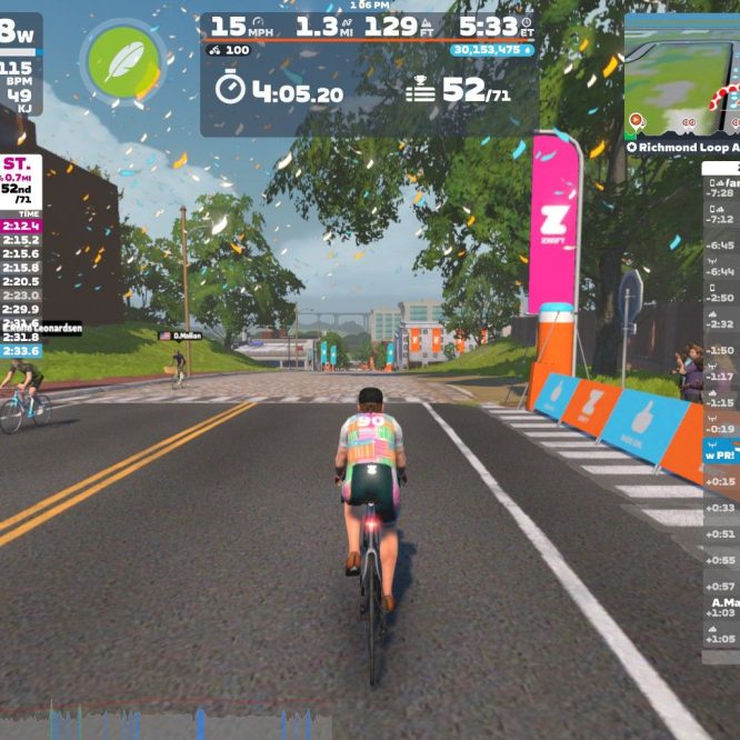 A virtual cycling scene from Zwift showing a cyclist leading the race on a road marked with banners. The screen displays various statistics, including rankings, distance, and nearby riders. Confetti is falling, and there are trees and buildings in the background, contributing to a lively atmosphere.