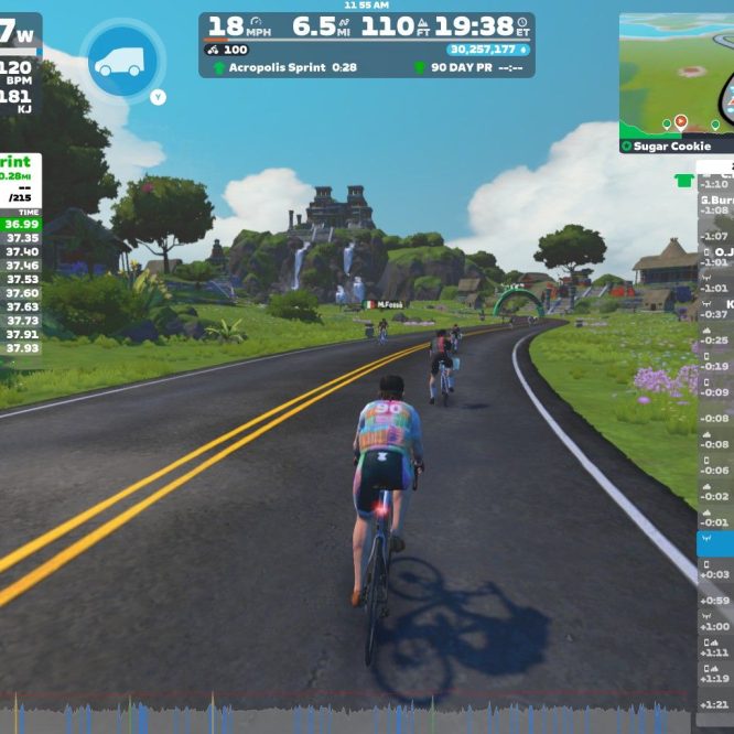 A virtual cycling scene shows riders participating in the Acropolis Sprint event on Zwift. The cyclists are on a road with trees and rocky hills in the background. An overlay displays performance metrics, including speed, distance, and a leaderboard with participant times. The atmosphere is vibrant and engaging, with a colorful, animated environment.