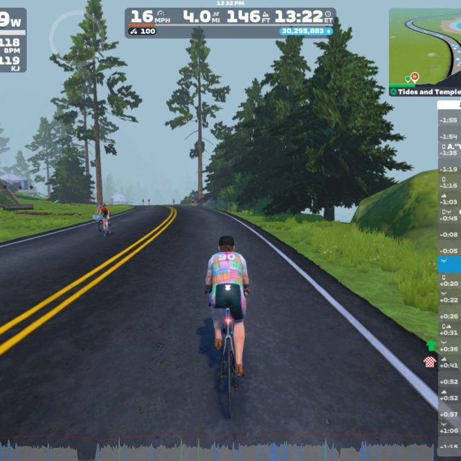 A cyclist on a virtual training course in Zwift rides along a winding road surrounded by trees. Another cyclist is visible ahead. The screen displays performance metrics, including power output, speed, distance, and heart rate, along with a leaderboard of nearby riders.