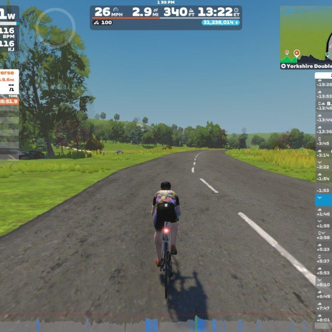 A cyclist rides on a virtual road in Zwift, showcasing a green landscape with trees and grass. The screen displays performance metrics, including power (151W), speed (26 mph), distance (2.9 miles), and heart rate (116 bpm). Additional information shows the cyclist's rank and nearby competitors in an online race.